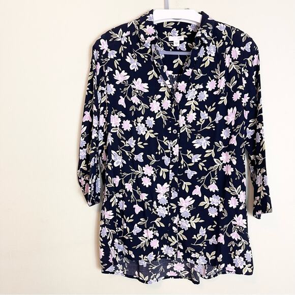 J. Jill Button Down Blouse 3/4 sleeve Top woman's size S Navy Blue Floral - Picture 1 of 8